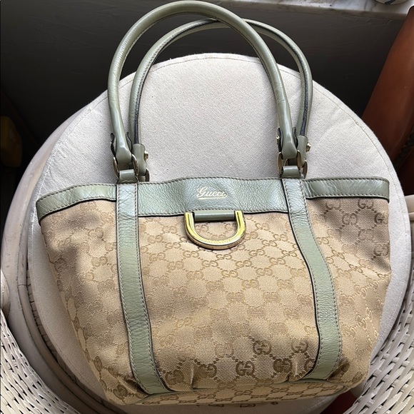 SOLD • Gucci GG Monogram Fabric Cream Sage Mint Green Leather Bucket Shoulder - Picture 12 of 17